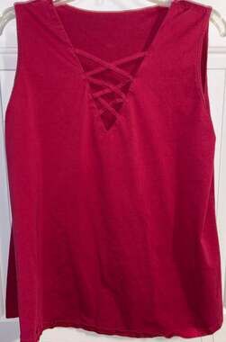 Sammydress Tank Top Womens 5XL Red Lattice Criss Cross V-Neck Sleeveless Shirt
